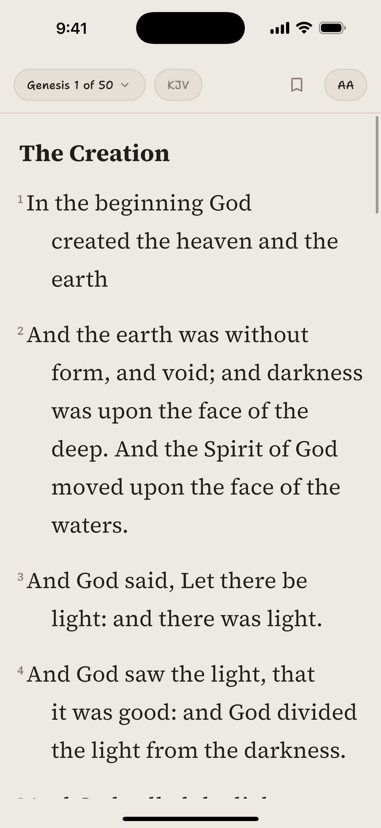 Bible Verses app showing Genesis chapter 1